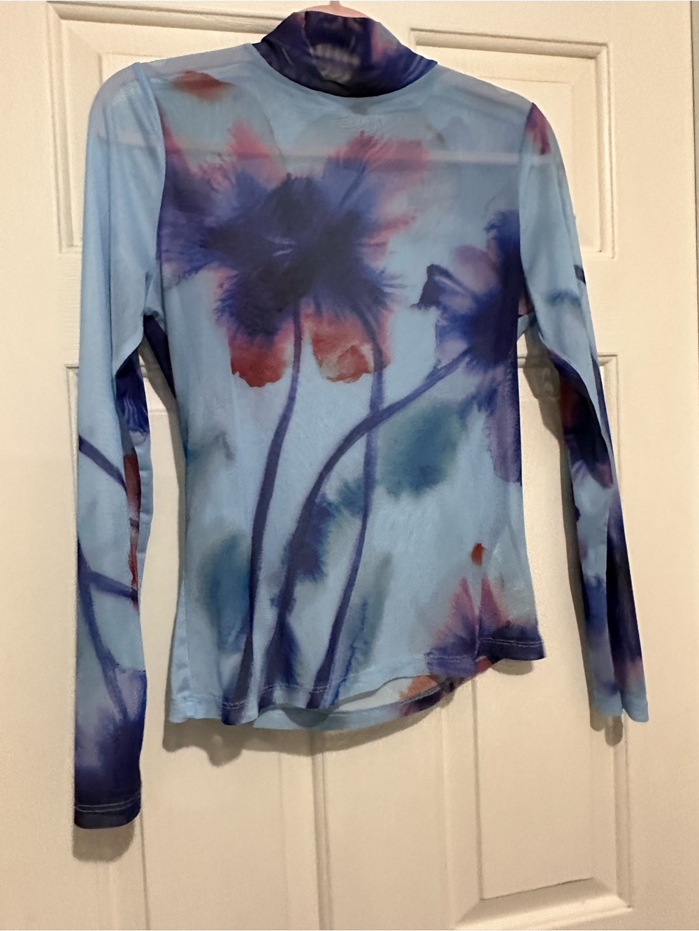 Anthropologie Light Blue Sheer Floral Long-Sleeve Mock Neck Top